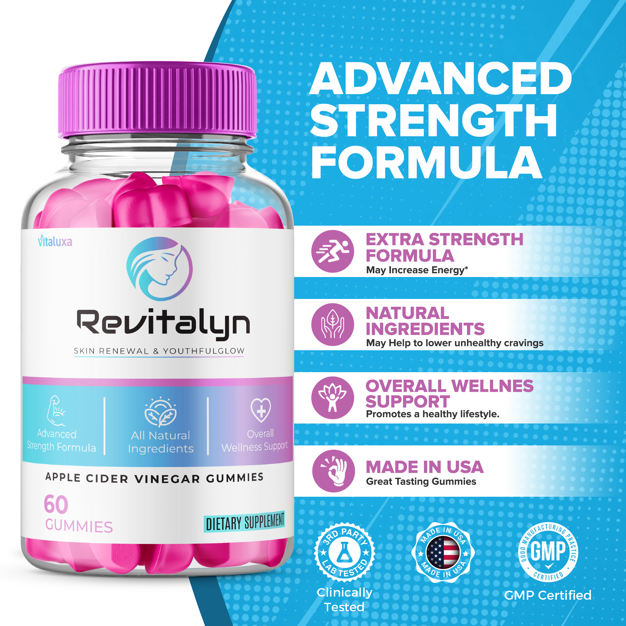 Revitalyn Gummies Made With Apple Cider Vinegar - Extra Strength Advanced Formula (60 Gummies)